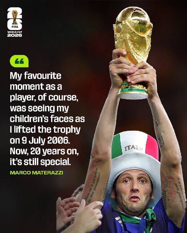 A man with a tattooed arm holds the FIFA World Cup trophy aloft while wearing an "ITALY" hat, next to a 2026 World Cup graphic and an attributed quote.