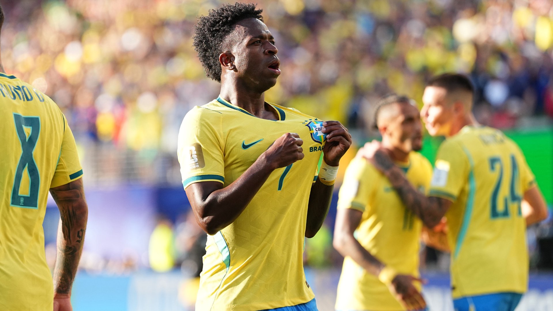 A composite image shows four photos of a soccer player in a yellow Brazil #10 jersey laughing and smiling, with a referee visible in one frame.
