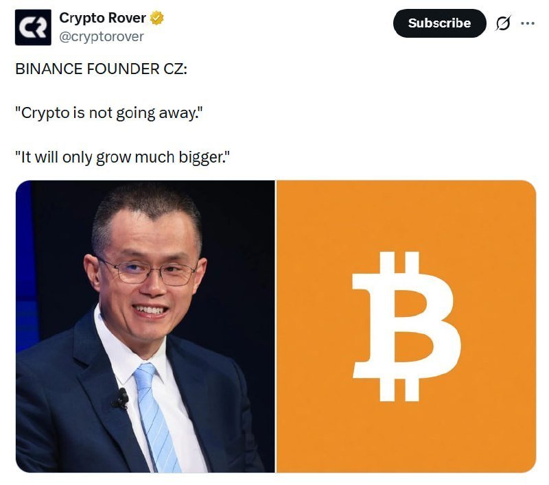 A social media post from "Crypto Rover" displays a quote alongside a photo of a smiling man in a suit and glasses next to an orange Bitcoin logo.