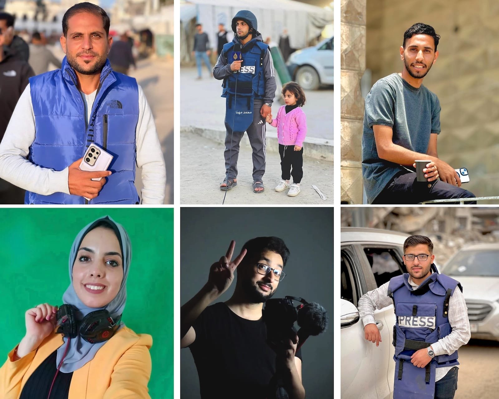 A photo collage shows six individuals, several wearing blue "PRESS" vests, holding smartphones, cameras, and microphones in various indoor and outdoor settings.