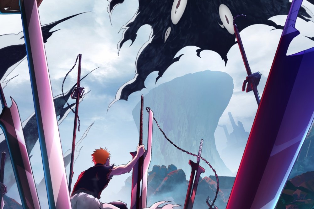 An anime illustration shows a young swordsman gripping a blade, facing a giant shadowy figure with glowing eyes looming among scattered swords.