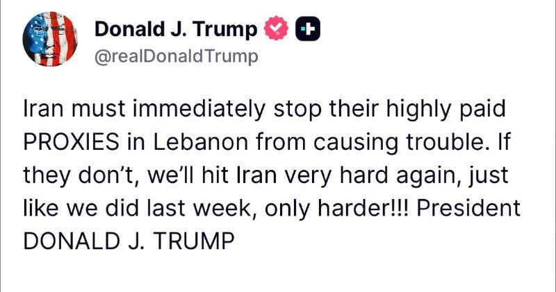 A screenshot of a social media post by "Donald J. Trump" (@realDonaldTrump) featuring a profile image of his face overlaid on an American flag, containing a statement directed at Iran regarding Lebanon.
