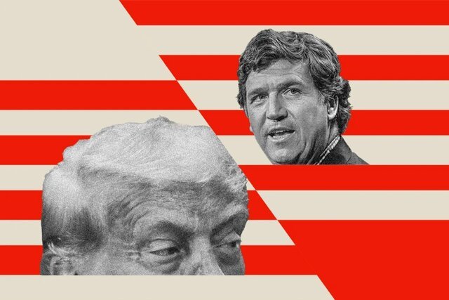A graphic illustration features a grayscale cutout of a man's head and a sculpted stone bust set against a background of red and cream horizontal stripes with an arrow motif.