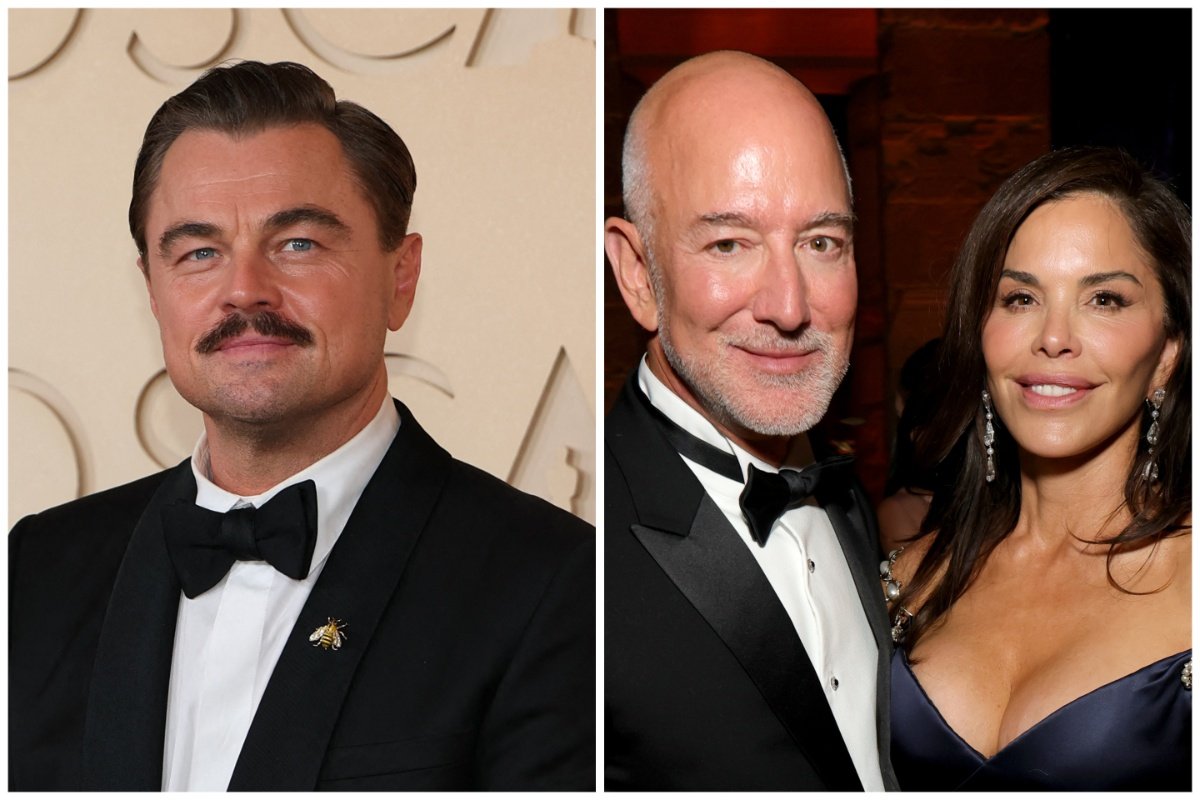A split image shows a mustached man in a black tuxedo with a bee pin on the left, and a bald man in a tuxedo beside a woman in a dark gown on the right.