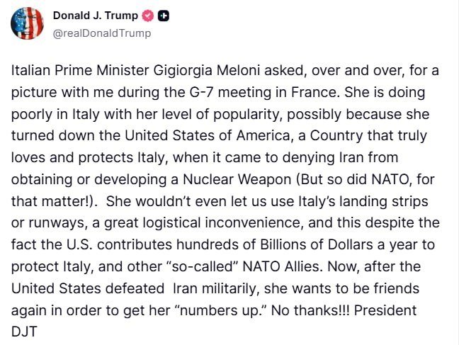 A social media post from a verified account shows a circular profile picture of a man in a suit beside a U.S. flag graphic, with text criticizing Italian Prime Minister Giorgia Meloni.
