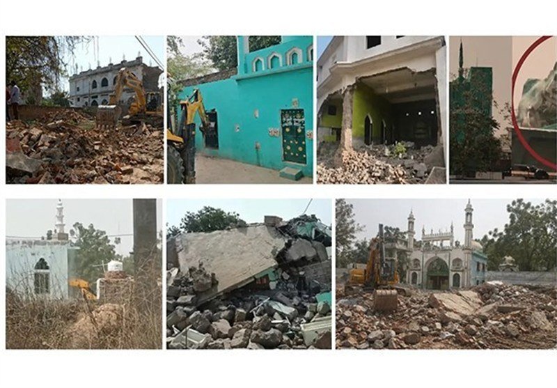 A collage of seven photographs shows bulldozers demolishing buildings, including a turquoise-walled structure and a white mosque with minarets, amid piles of rubble and debris.