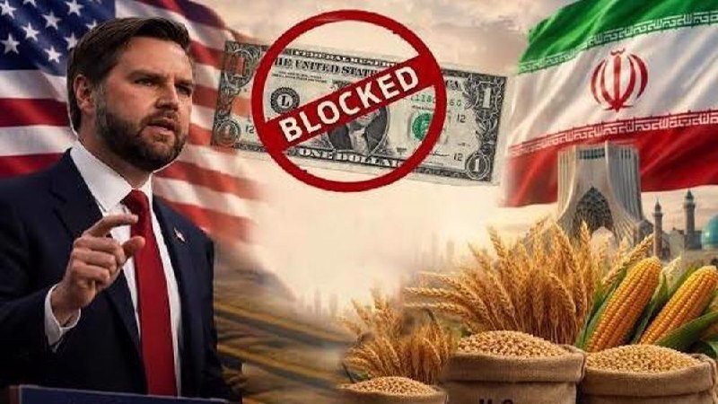 A digital illustration shows a man in a suit gesturing beside a US flag, with a "BLOCKED" stamp over a dollar bill, the Iranian flag, and sacks of grain and corn.