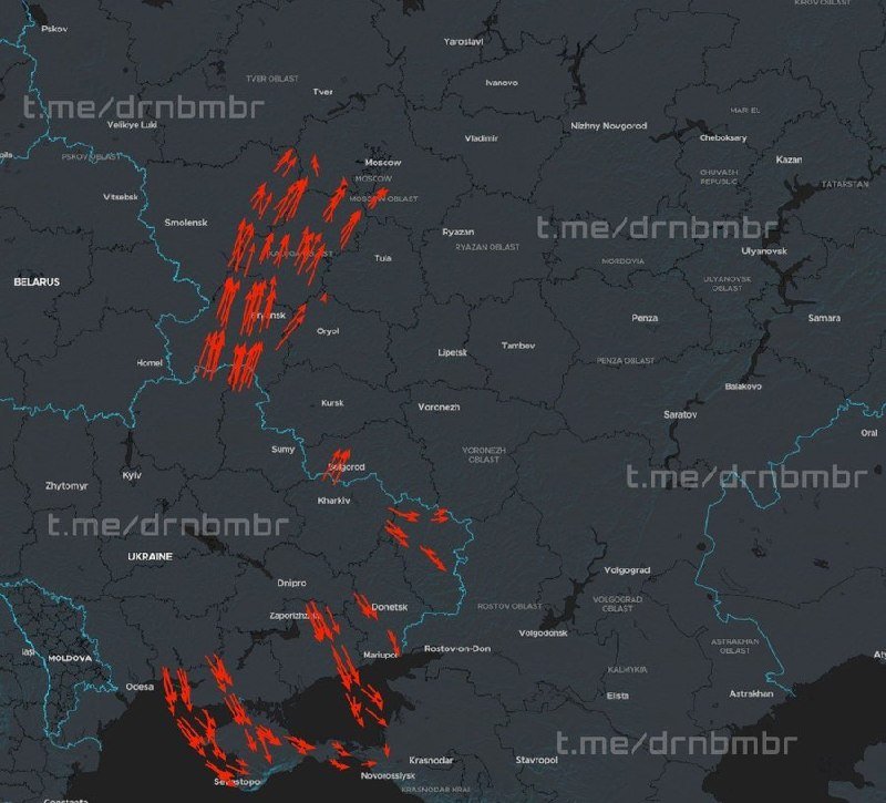A dark-toned map of Ukraine and surrounding regions displays numerous red arrow icons clustered across northern, eastern, and southern border areas, watermarked with "t.me/drnbmbr."