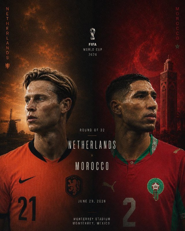 A promotional graphic displays two soccer players facing forward in their national jerseys, with text announcing a FIFA World Cup 2026 Round of 32 match between the Netherlands and Morocco on June 29, 2026.