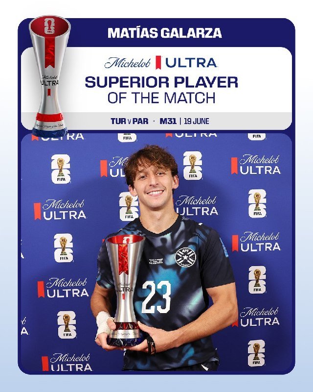 A graphic displays "Matías Galarza" as "Michelob ULTRA Superior Player of the Match" above a photo of him holding a silver trophy while wearing jersey number 23.