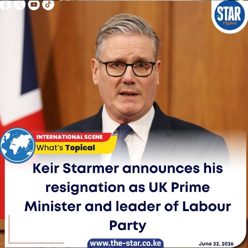 A man in a suit and glasses speaks beside a Union Jack flag, with a graphic below reading "Keir Starmer announces his resignation as UK Prime Minister and leader of Labour Party."