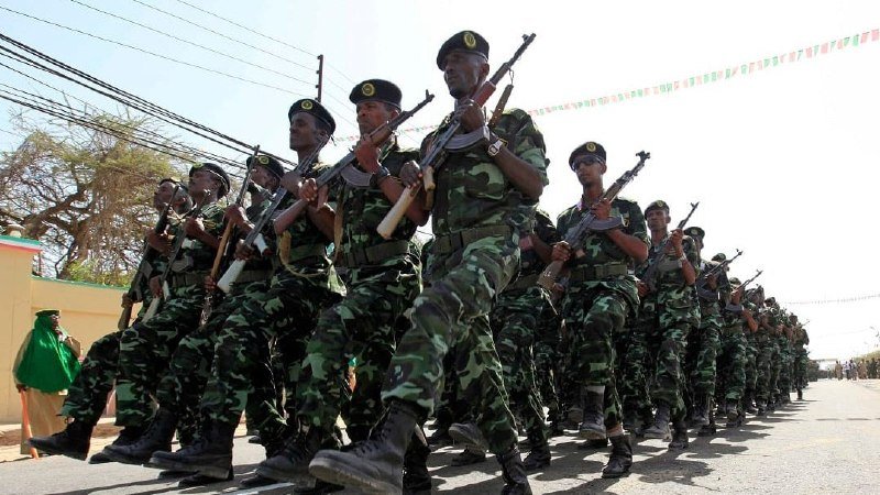 Soldiers in camouflage uniforms and black berets march in formation down a street, carrying rifles and wearing white gloves, with festive bunting strung overhead.