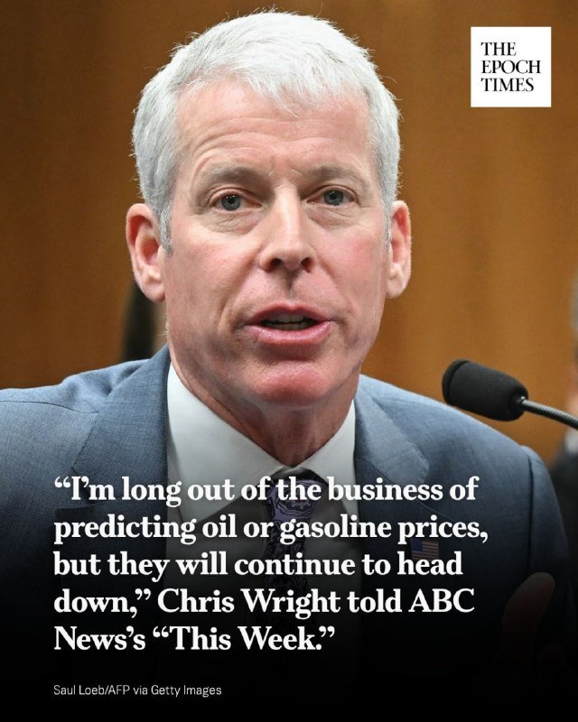 A gray-haired man in a blue suit speaks into a microphone, with a caption quoting Chris Wright on oil and gasoline prices, published by The Epoch Times.