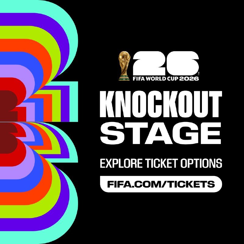 Promotional graphic for the FIFA World Cup 2026 Knockout Stage featuring the tournament logo, trophy, and a link to explore ticket options.