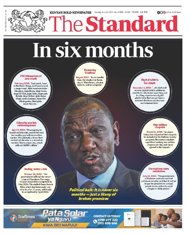 The Standard newspaper front page displays a portrait of a man in a suit surrounded by circular text bubbles under the headline "In six months."