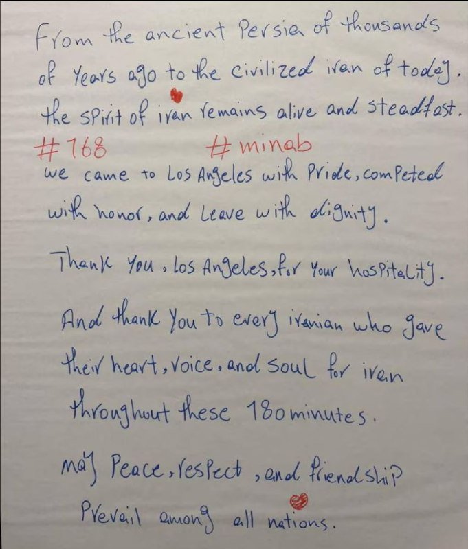 A handwritten note on lined paper in blue ink, with red hashtags "#168" and "#minab," thanks Los Angeles for hospitality and expresses support for Iran.