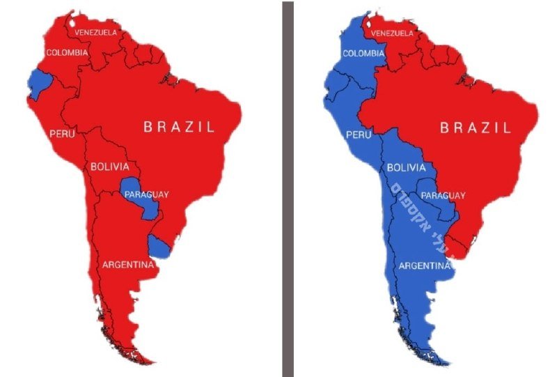 Two side-by-side maps of South America show countries colored red or blue, with the right map displaying more blue (including Bolivia, Peru, and Argentina) compared to the left.