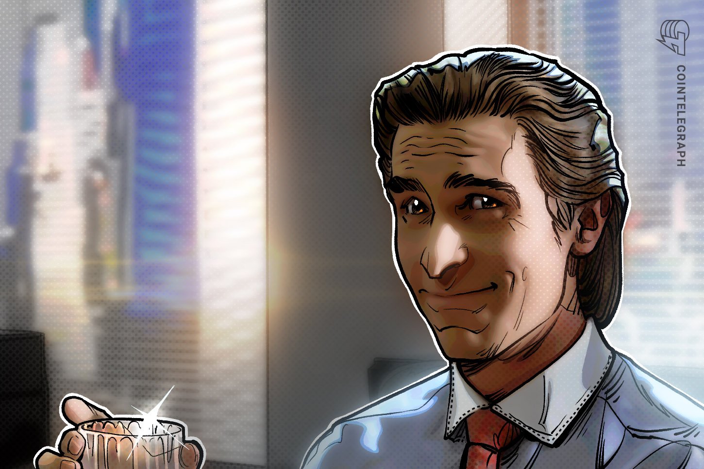 Illustrated portrait of a smiling man in a white shirt and red tie holding a mug, with a blurred cityscape behind him and a "Cointelegraph" logo.