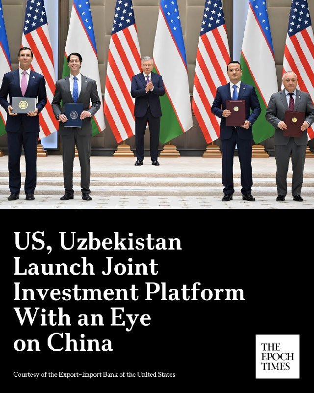 Five men in suits stand before alternating U.S. and Uzbekistan flags, with four holding folders and the central figure clapping, accompanied by text reading "US, Uzbekistan Launch Joint Investment Platform With an Eye on China."