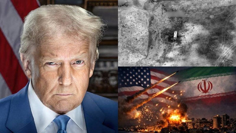 A composite image featuring a stern-looking man in a blue suit beside an American flag, paired with a black-and-white aerial photo of a burning site and a nighttime scene showing the U.S. and Iranian flags over city explosions.
