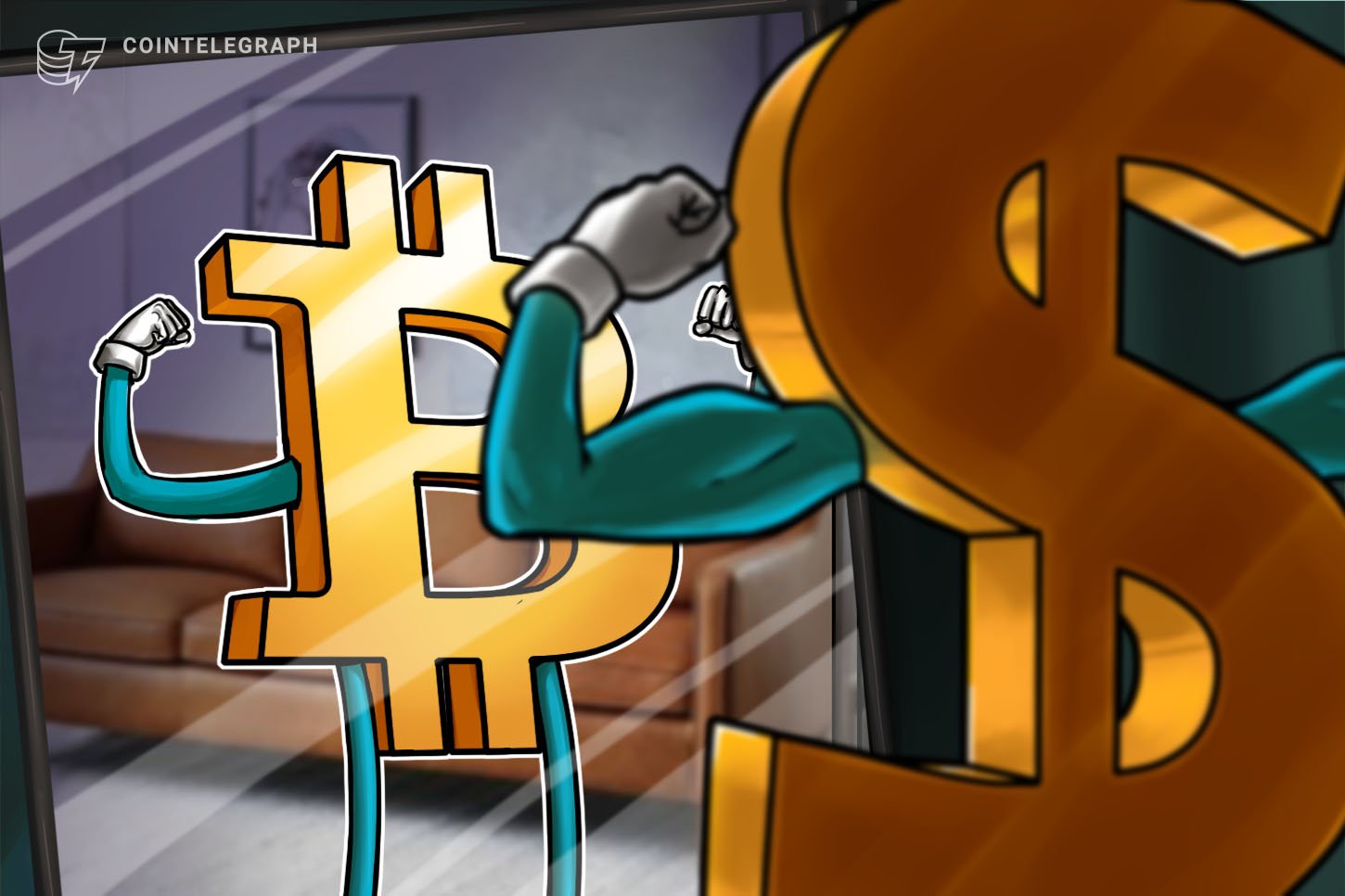 A Cointelegraph illustration depicts an anthropomorphized golden Bitcoin flexing its arm in a mirror, facing a larger Bitcoin reflection.