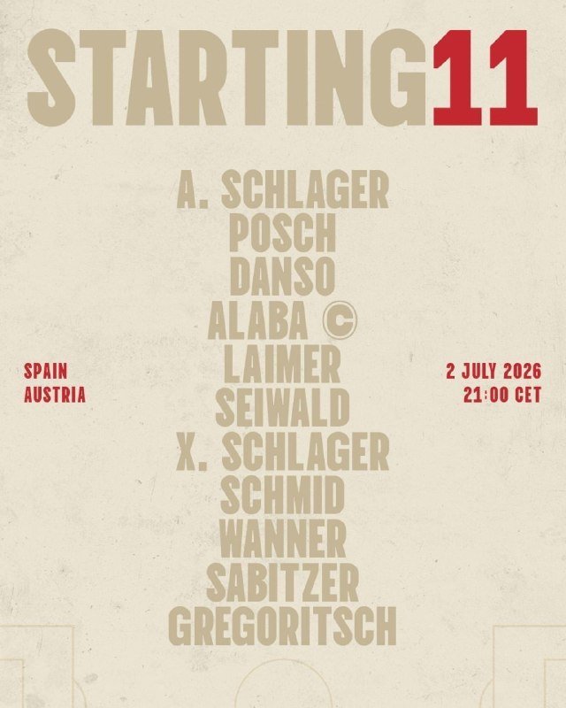 A graphic displays the "Starting 11" lineup for a Spain vs. Austria match on 2 July 2026, listing player names in a vertical formation.
