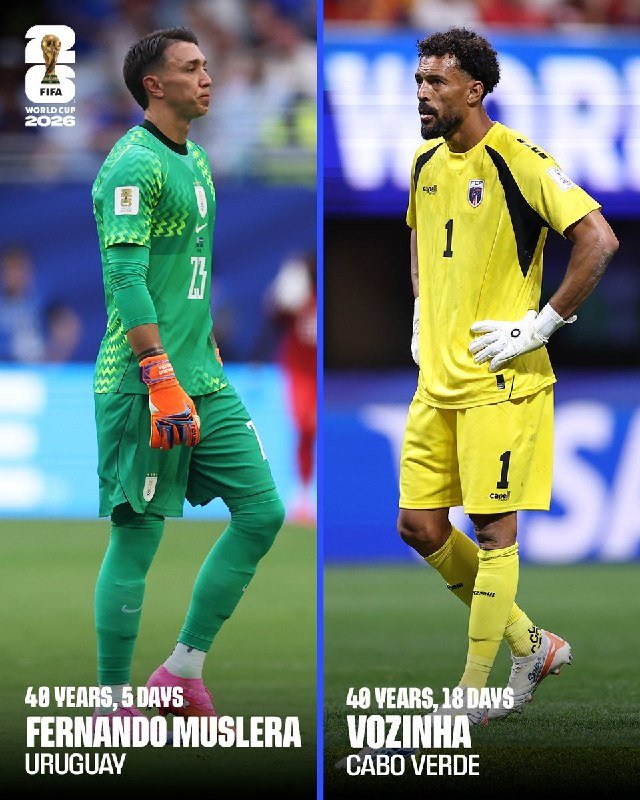 Split graphic featuring goalkeepers Fernando Muslera (Uruguay, green kit, #23) and Vozinha (Cabo Verde, yellow kit, #1) with text noting their ages of 40 years.