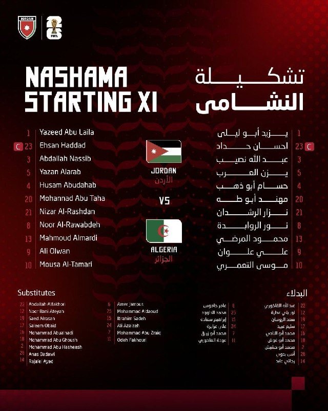 A red graphic displays the "Nashama Starting XI" lineup for a Jordan vs. Algeria football match, listing player names and numbers in English and Arabic alongside national flags.