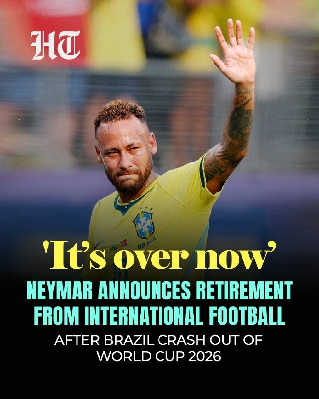 A graphic featuring a man in a yellow Brazil jersey waving, with the text "It's over now" and a headline announcing Neymar's retirement from international football.