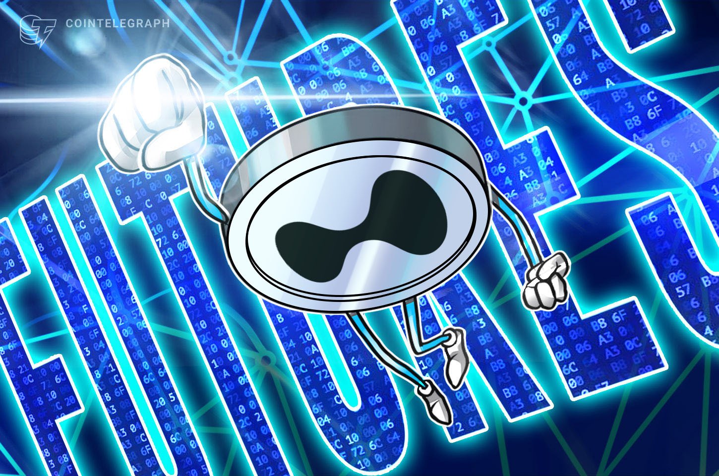 Cointelegraph illustration showing an anthropomorphized Aptos (APT) coin character walking against a blue digital background filled with hex codes and blockchain network patterns.