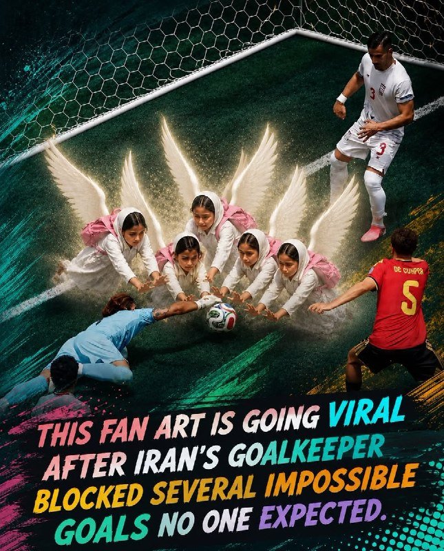 A digital fan art graphic shows a goalkeeper on a soccer pitch with multiple winged, headscarf-wearing figures surrounding a ball, alongside the text "THIS FAN ART IS GOING VIRAL AFTER IRAN'S GOALKEEPER BLOCKED SEVERAL IMPOSSIBLE GOALS NO ONE EXPECTED."