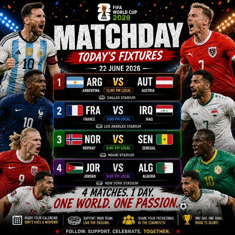 A FIFA World Cup 2026 promotional graphic displays four matchday fixtures for June 22, 2026, featuring Argentina vs Austria, France vs Iraq, Norway vs Senegal, and Jordan vs Algeria, surrounded by soccer players.