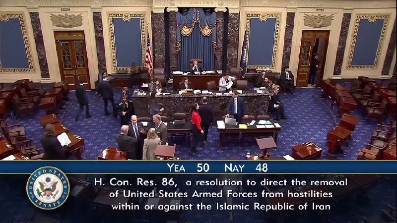 A Senate vote display reads "YEA 50 NAY 48" on H. Con. Res. 86 regarding U.S. Armed Forces and Iran, as senators gather on the chamber floor.