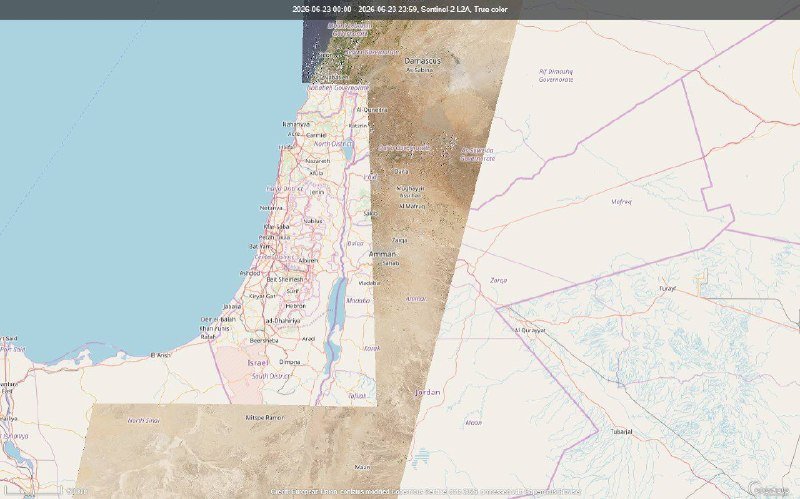 Satellite map labeled "Sentinel-2 L1A, True color" dated 2026-02-23, showing Israel, Jordan, Lebanon, and surrounding regions with overlaid political boundary lines.