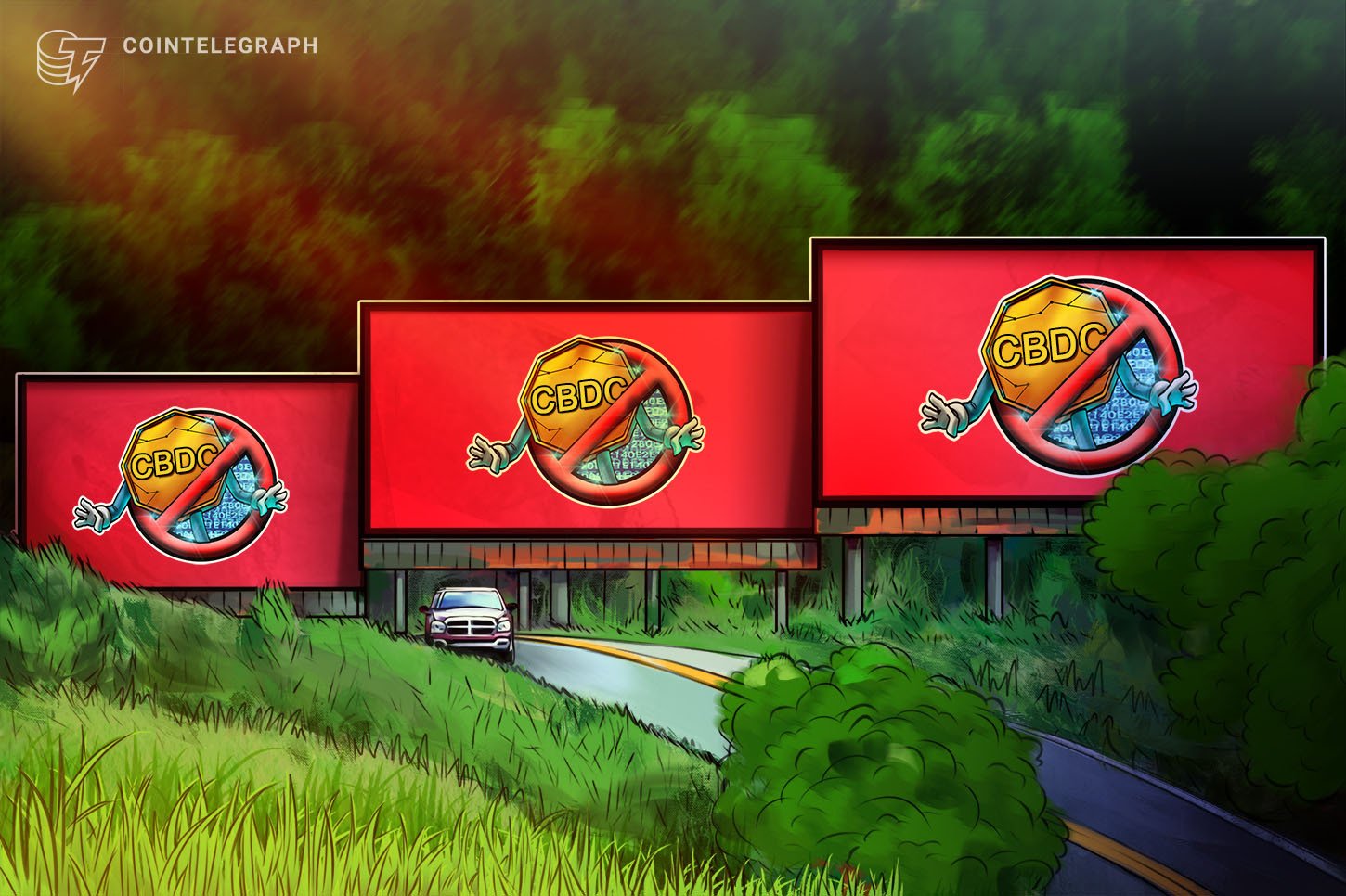 Cointelegraph illustration: three red billboards along a forest road display a cartoon gold coin labeled "CBDC" behind a red prohibition symbol.