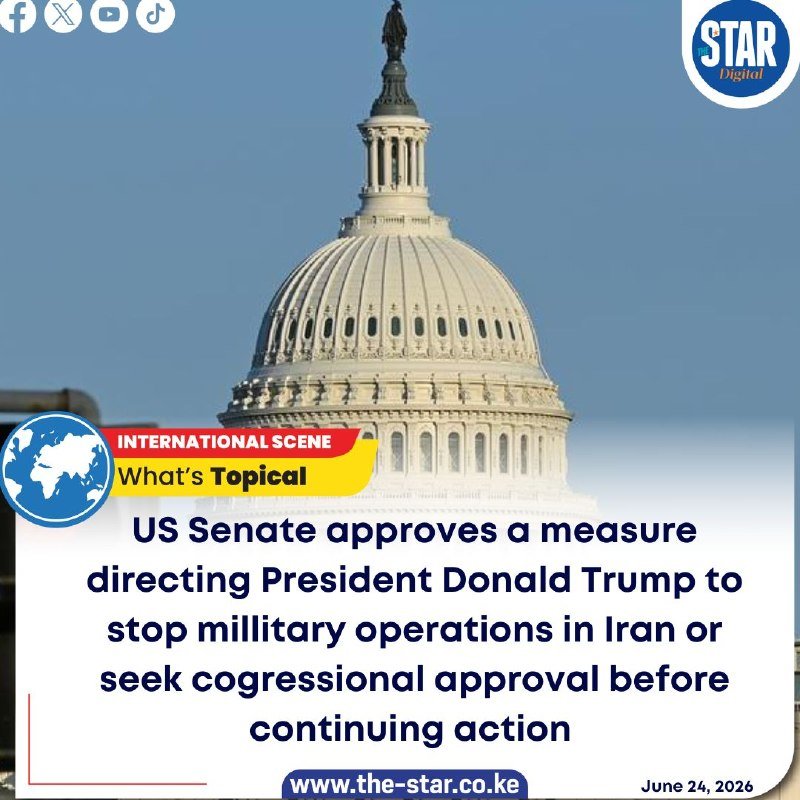 A news graphic shows the U.S. Capitol dome under a clear sky, with a headline stating the US Senate approved a measure directing President Donald Trump to stop military operations in Iran or seek congressional approval.