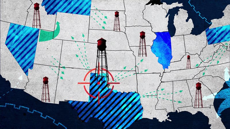 An illustrated U.S. map graphic shows red water towers, a red targeting crosshair over a central state, and green dashed arrows pointing across blue-striped regions.