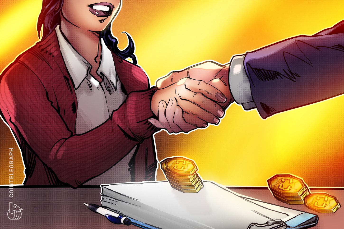 Illustration showing two people shaking hands over a table with gold coins, a notepad, and pen, set against a yellow background.