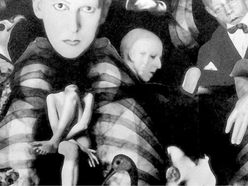 Black-and-white illustration depicting several figures, including a prominent wide-eyed person and a seated nude form, amid swirling striped patterns.