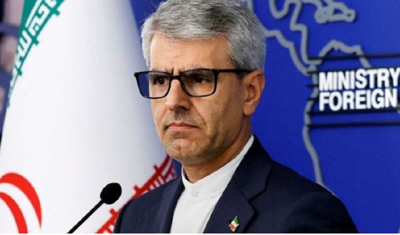 A gray-haired man wearing glasses and a dark suit speaks at a microphone beside an Iranian flag, with a blue backdrop displaying "Ministry of Foreign" text.