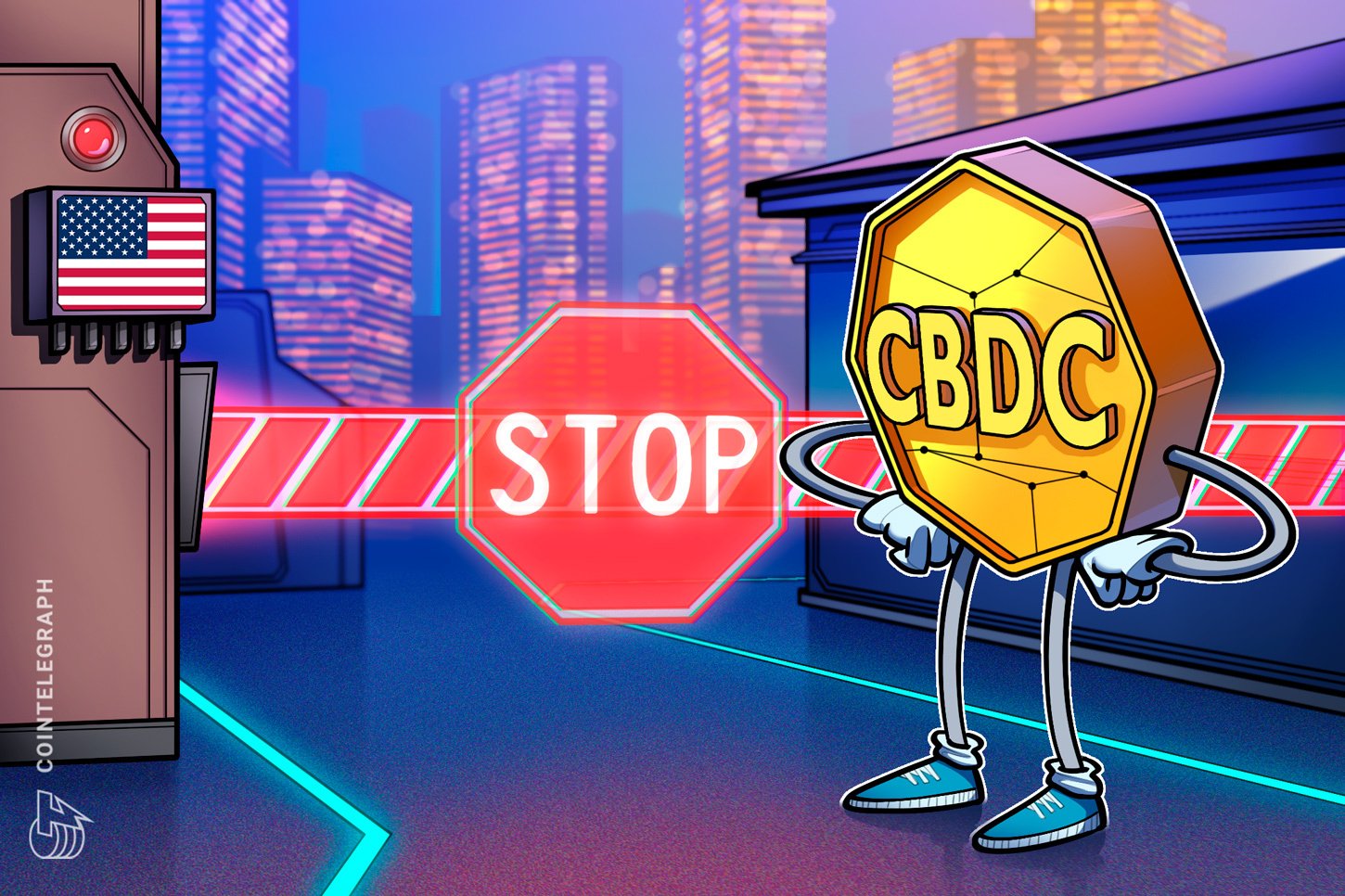Illustration shows a personified gold "CBDC" coin character being halted by a red laser beam at a "STOP" sign in a neon-lit futuristic cityscape, with a U.S. flag device on the left.