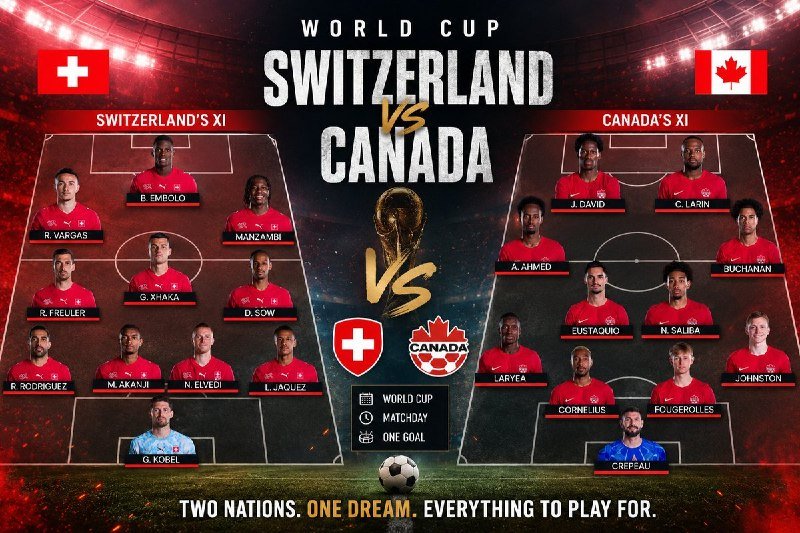 Players in red Switzerland jerseys applaud on the pitch as a "FIFA World Cup 2026 Group B" standings graphic displays SUI leading with 7 points.