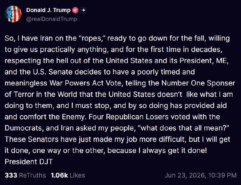 A screenshot of a social media post by Donald J. Trump (@realDonaldTrump) discussing a Senate vote on Iran, with Persian text in the bottom corner.