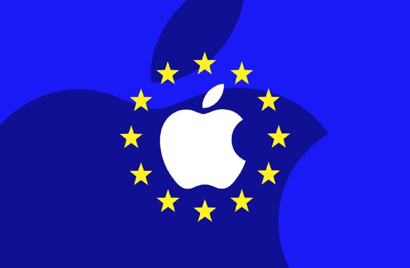 A digital illustration displays a white Apple logo at the center, surrounded by a circle of yellow stars on a blue background.