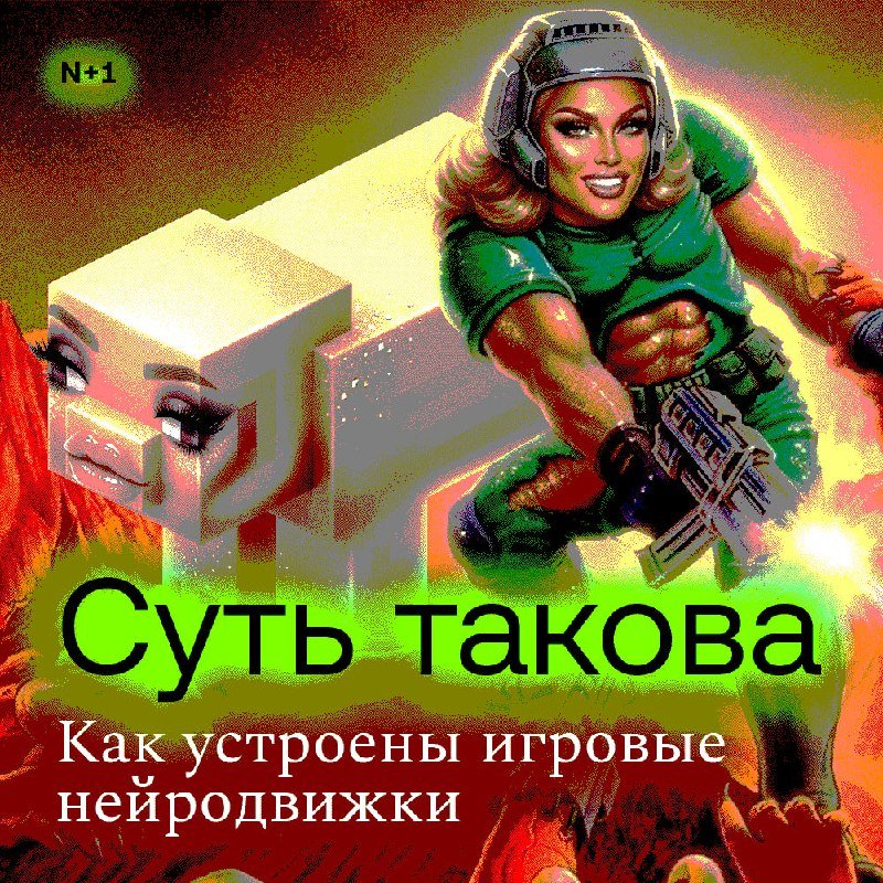 Retro-style illustration of a smiling, helmeted female character holding a futuristic gun beside an anthropomorphic block character, with Russian text reading "Суть такова: Как устроены игровые нейродвижки."