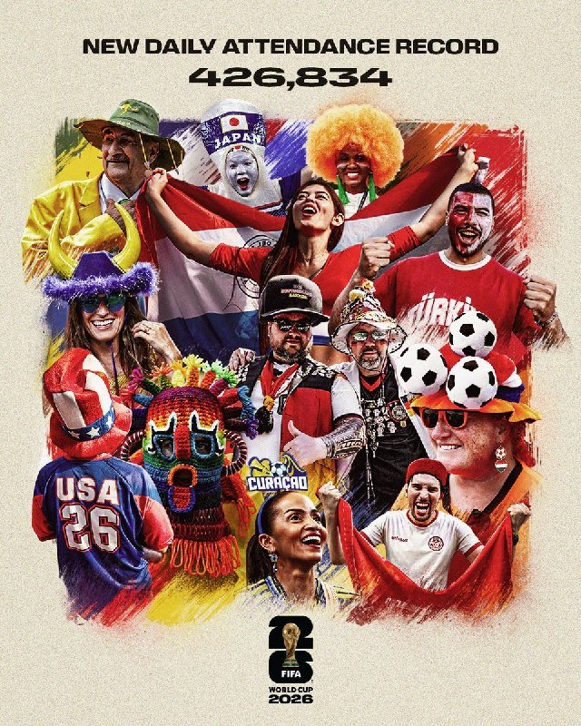A FIFA World Cup 2026 graphic displays "NEW DAILY ATTENDANCE RECORD 426,834" above a colorful collage of cheering fans in various national costumes and jerseys.