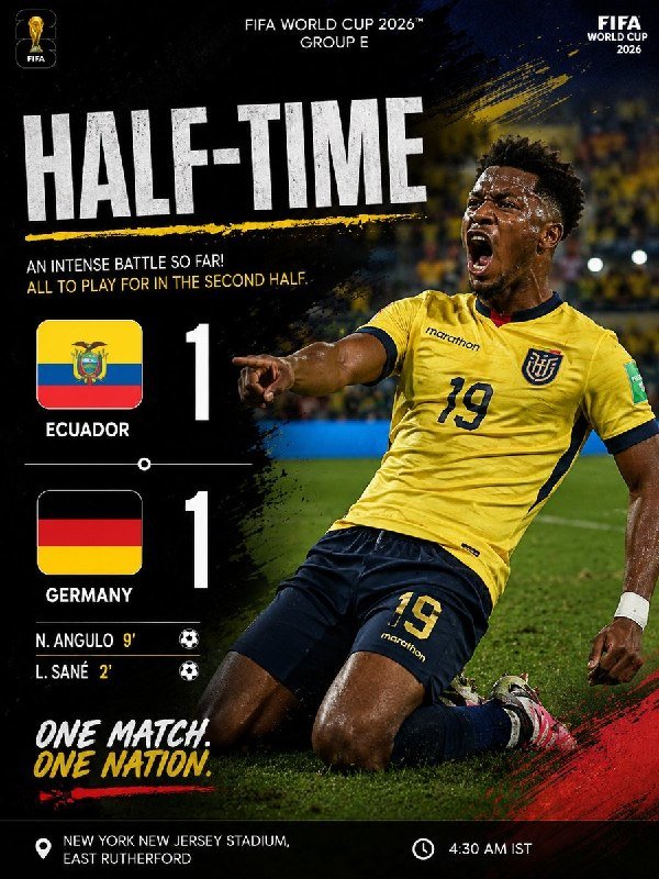 A FIFA World Cup 2026 graphic shows a halftime score of Ecuador 1, Germany 1 in Group E at New York New Jersey Stadium.