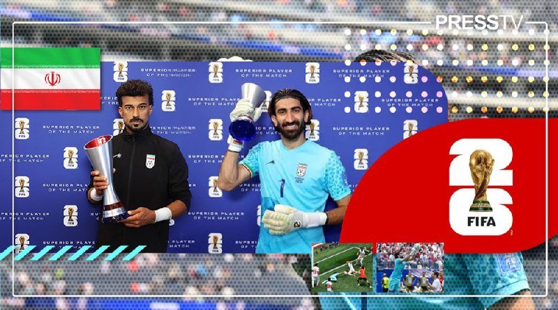 Graphic illustration: two soccer players holding trophies before a "Superior Player of the Match" backdrop, beside an Iranian flag and FIFA World Cup 2026 logo.