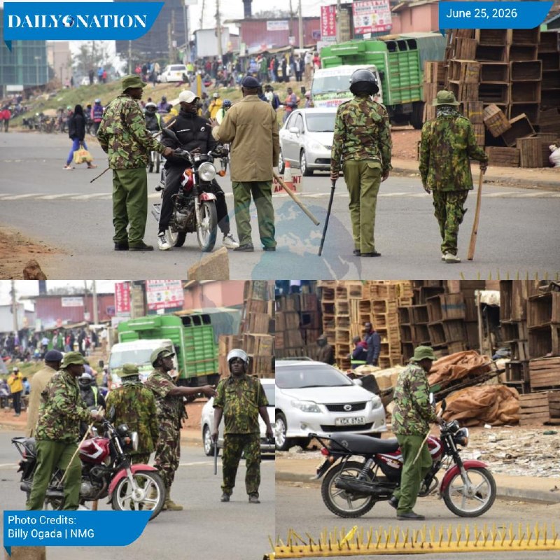 Daily Nation graphic dated June 25, 2026, showing coiled barbed wire across an empty city street with tall buildings in the background, headlined "Lockdown: Roadblocks revive questions over police defiance of court orders."