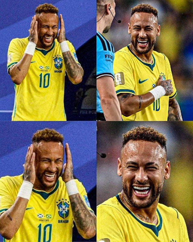 Four-panel image showing a soccer player in a yellow Brazil jersey laughing and celebrating, with one panel featuring a FIFA-branded referee nearby.
